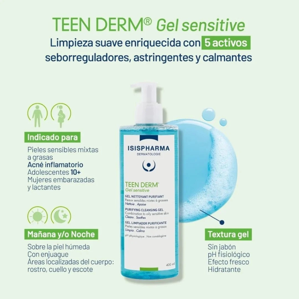 Gel Limpiador Facial Purificante Teen Derm Gel Sensitive 250 ml - Isispharma